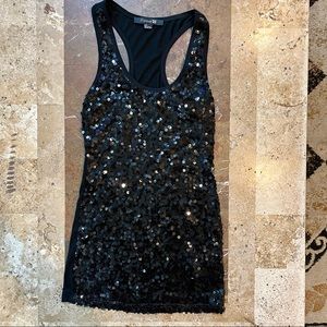 Women’s SZ S FOREVER 21 Long & Lean Black Sequin Racer Back Tank Top